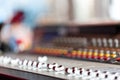 Control Fader. Mixing console of light equipment operator at the concert. Sound recording studio mixing desk with Royalty Free Stock Photo