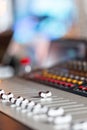 Control Fader. Mixing console of light equipment operator at the concert. Sound recording studio mixing desk with Royalty Free Stock Photo