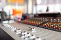 Control Fader. Mixing console of light equipment operator at the concert. Sound recording studio mixing desk with