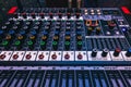 Sound recording studio mixing desk. Music mixer control panel. Closeup Royalty Free Stock Photo