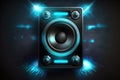 Sound speakers on dark background with blue lights. Set for listening music. Glowing audio equipment. Created with