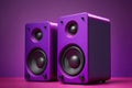 Sound speakers on dark background with purple lights. Creative music background. Glowing audio equipment. Created with