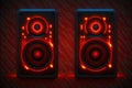 Sound speakers on dark background with red lights. Creative music background. Glowing audio equipment. Created with