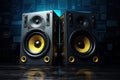 sound speakers in neon light , AI Generated. Royalty Free Stock Photo