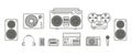 Sound systems retro collection. Portable player, headphones, cassette player, stereo system, speakers, record player