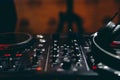 Sound technician control the music. Professional audio, mixer controller panel. Pro equipment for concerts. Selective focus. Dark Royalty Free Stock Photo