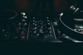 Sound technician control the music. Professional audio, mixer controller panel. Pro equipment for concerts. Selective focus. Dark Royalty Free Stock Photo