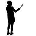 Sound technician with microphone in hand. Silhouettes on white background