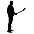 Sound technician with microphone in hand. Silhouettes on white background