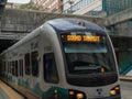 Sound Transit Link light rail pulling into outdoor station Royalty Free Stock Photo