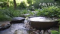 The sound of water trickling from a small fountain adds to the tranquil ambiance. .
