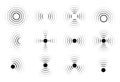 Sound wave vector icons. Circle radar or sonic sonar signals, pulses. Speaker with noise energy in air graphic. Round radio