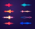 Sound waves set in different colors, amplitude wave objects. Collection of colorful voice waves
