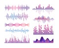 Sound waves vector color illustrations set. Audio effects visualization. Music player equalizer. Song, voice vibration Royalty Free Stock Photo