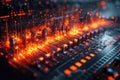 A soundboard filled with numerous controls and knobs lights up with bursts of orange and red, creating a mesmerizing Royalty Free Stock Photo