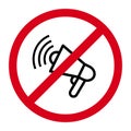 Sounds forbidden or ban noise, strikethrough loudspeaker sign isolated on a white background