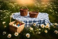 Checkered picnic duvet with empty basket on the blossoming meadow.