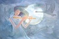 Sounds of music. Oil painting on canvas. Portrait of a beautiful girl playing the flute in front of fury of the elements. Fantasy