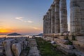 Sounion, Attica / Greece: Colorful sunset at Cape Sounion and the ruins of the temple of Poseidon Royalty Free Stock Photo