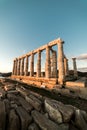 Sounion, Temple of Poseidon in Greece, Sunset Golden Hour Royalty Free Stock Photo