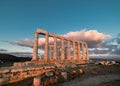 Sounion, Temple of Poseidon in Greece, Sunset Golden Hour Royalty Free Stock Photo