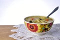 Soup bowl with pasta, beans and vegetables on white background Royalty Free Stock Photo