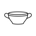 Soup bowl or tureen. Linear icon of deep plate with two handles. Black simple illustration of dish for liquid food, porridge,