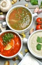 soup bowls mashroom cream soup fish and tomato in bowl with croutons