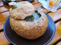 Soup in bread is a dish of the Czech Republic. Mushroom soup puree