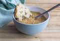 Soup and bread - Hearty beef and vegetable soup with olive ciabatta bread