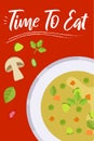 Soup on bright background in flat design style. Doodle elements. Flat food