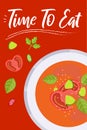 Soup on bright background in flat design style. Doodle elements. Flat food