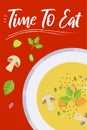 Soup on bright background in flat design style. Doodle elements. Flat food