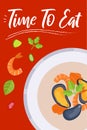 Soup on bright background in flat design style. Doodle elements. Flat food