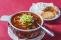 Soup with cabbage in a wicker plate