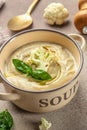 soup cauliflower puree in a bowl. vertical image. top view. place for text Royalty Free Stock Photo