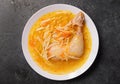 Soup with chicken leg on a dark background top view Royalty Free Stock Photo