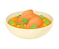 Soup with Chicken Leg and Greenery Served in Deep Bowl Vector Illustration