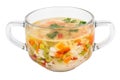 Soup with chicken meat, rice, vegetables in glass transparent bowl isolated on white Royalty Free Stock Photo