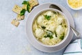 Soup with chicken meatballs and egg pasta with parmesan cheese and parsley. Children`s Italian food with pasta and meat. Royalty Free Stock Photo