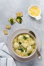 Soup with chicken meatballs and egg pasta with parmesan cheese and parsley. Children`s Italian food with pasta and meat. Royalty Free Stock Photo