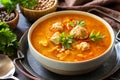 Soup close-up. Tomato-lentil soup with meatballs and vegetables. Royalty Free Stock Photo