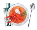 Soup with crayfish served with dill. Watercolor illustration