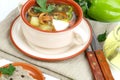 Soup from field mushrooms with a potato and greens Royalty Free Stock Photo