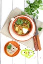 Soup from field mushrooms with a potato and greens Royalty Free Stock Photo