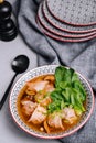 Soup gyoza, dumplings with bok-choy in clear soup