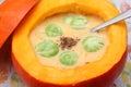 A soup of hokaido pumpkin with Brussels sprouts Royalty Free Stock Photo