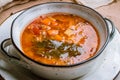 Soup kharcho on bowl closeup