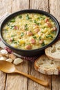 Soup kulesh with millet, potatoes and bacon in a black bowl closeup. Vertical