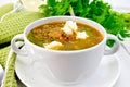 Soup lentil with spinach and cheese in white bowl Royalty Free Stock Photo